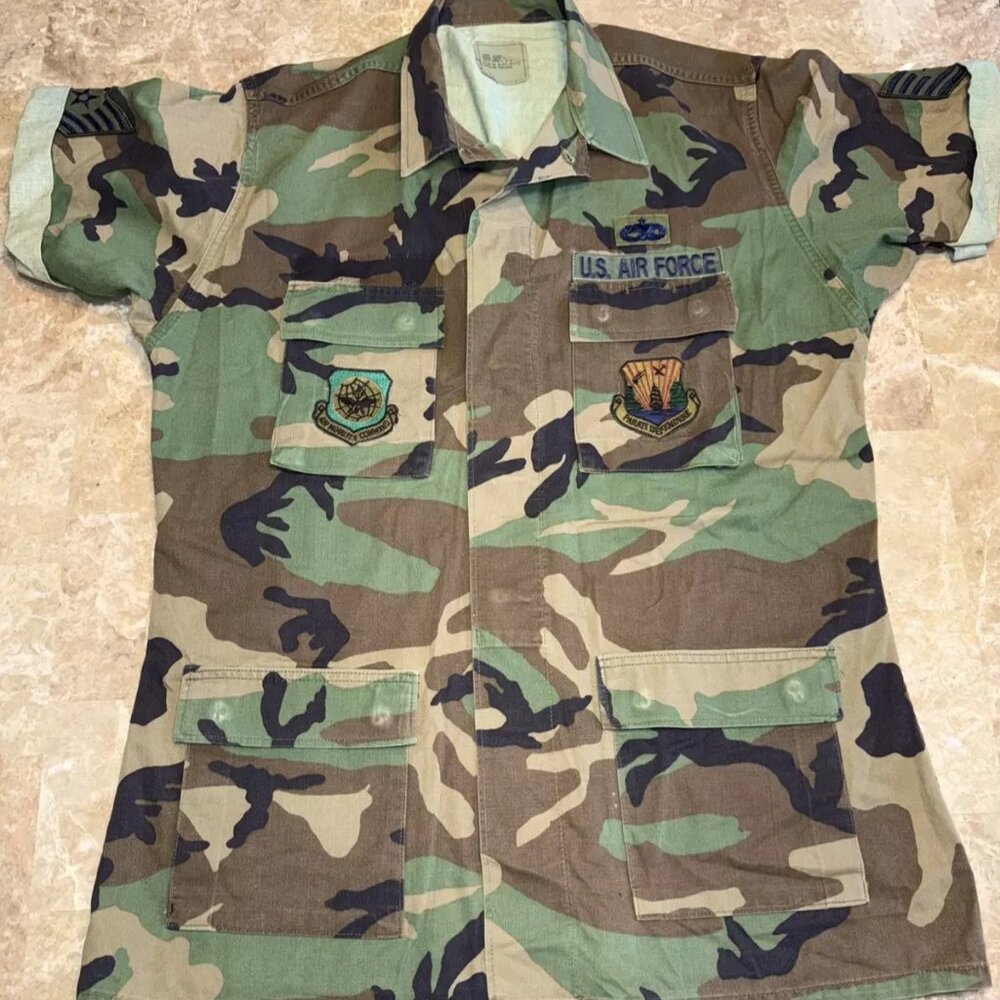 U.S AIR FORCE Camo Jacket Button Down Shirt Air Mobility Sz L Shott Sleeve large